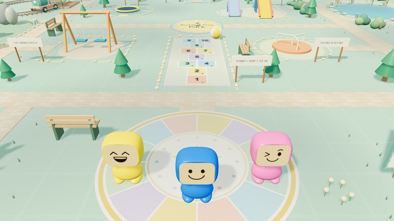Blue, yellow and pink Buddies on the park plaza, with hopscotch, swings and slides behind them
