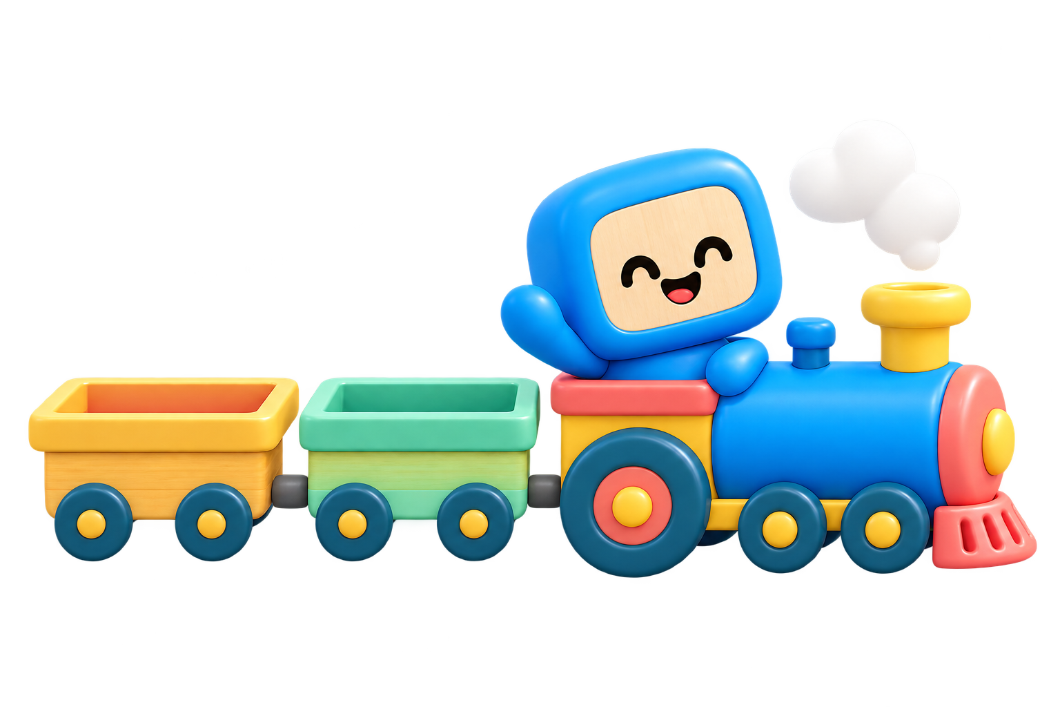 A smiling Buddy driving a little train